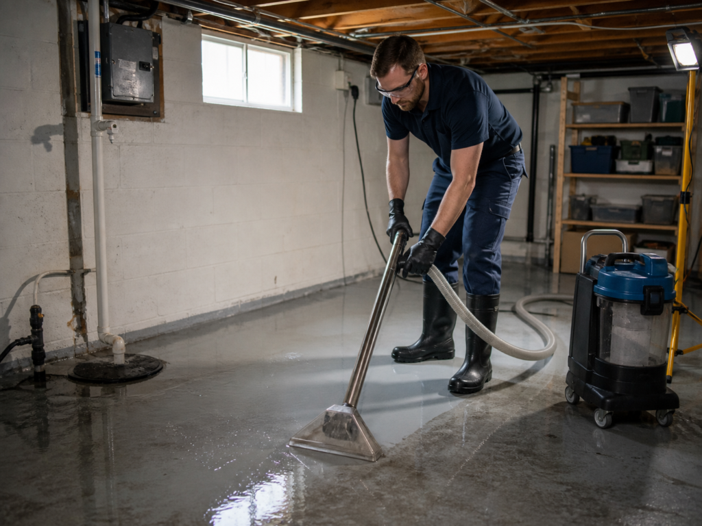 Technician extracting clean water from a flooded Minneapolis basement floor