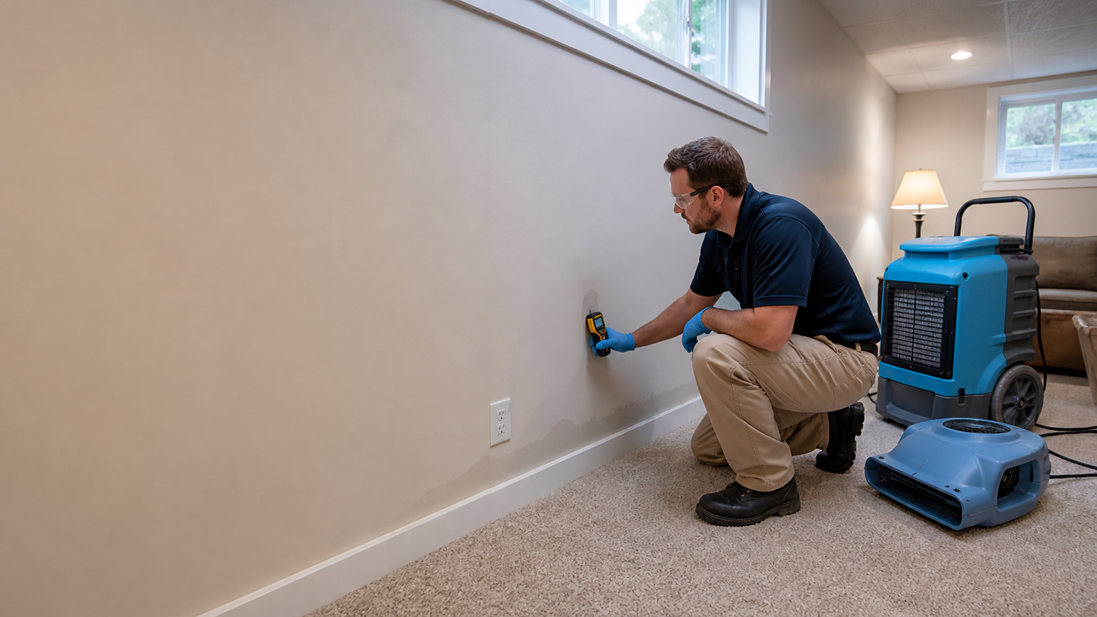 Water mitigation technician checking a damp basement wall with a moisture meter in Minneapolis