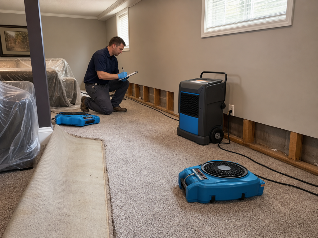 Structural drying equipment operating in a Minneapolis basement after water extraction